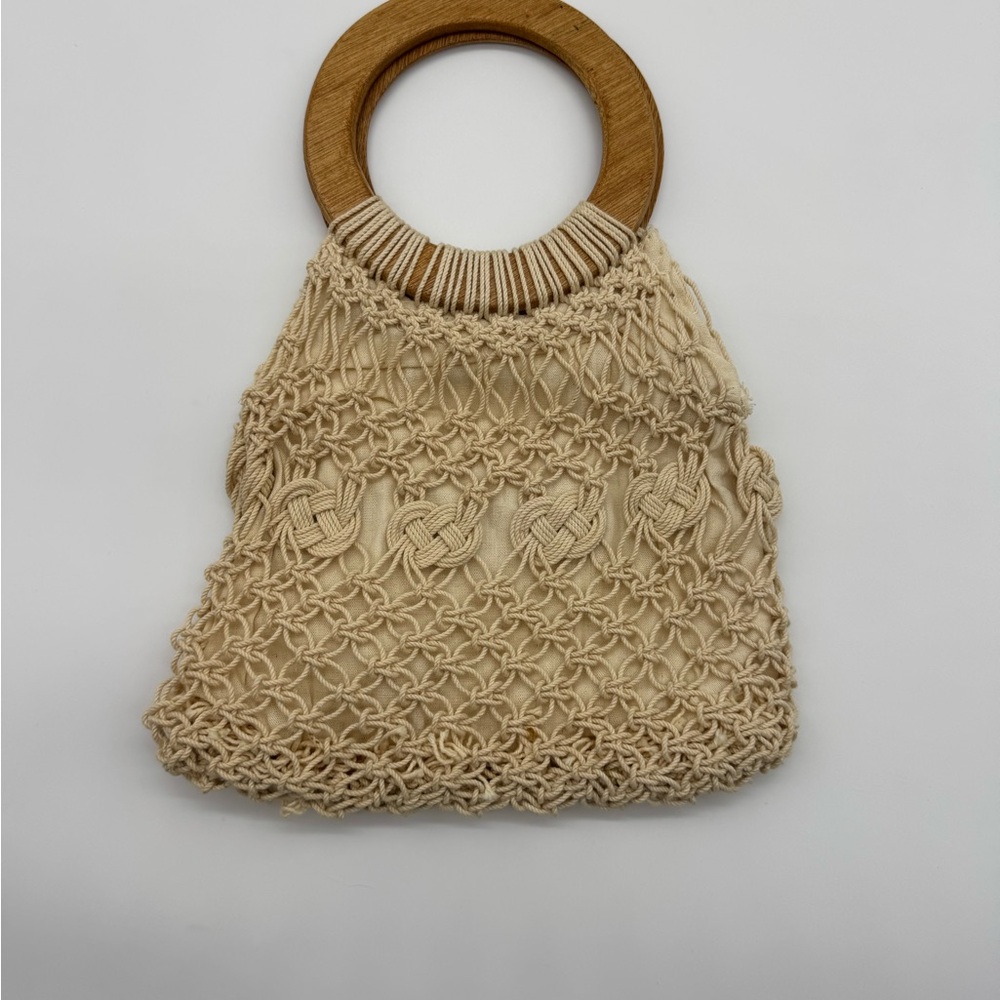 Handcrafted Cream‎ Macramé Bag with Wooden Handle